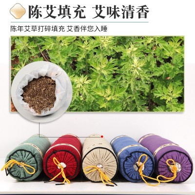 艾草颈椎枕家用大号多花色艾草枕头棉麻圆形护颈枕艾绒枕厂 家批发图4