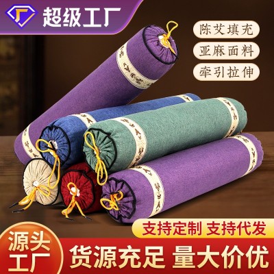 艾草颈椎枕家用大号多花色艾草枕头棉麻圆形护颈枕艾绒枕厂 家批发图3